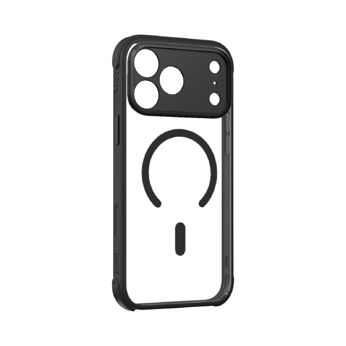Siyah çerçeveli şeffaf bir iPhone kılıfı. Siyah bir kamera modülüne ve MagSafe tasarımına sahiptir.