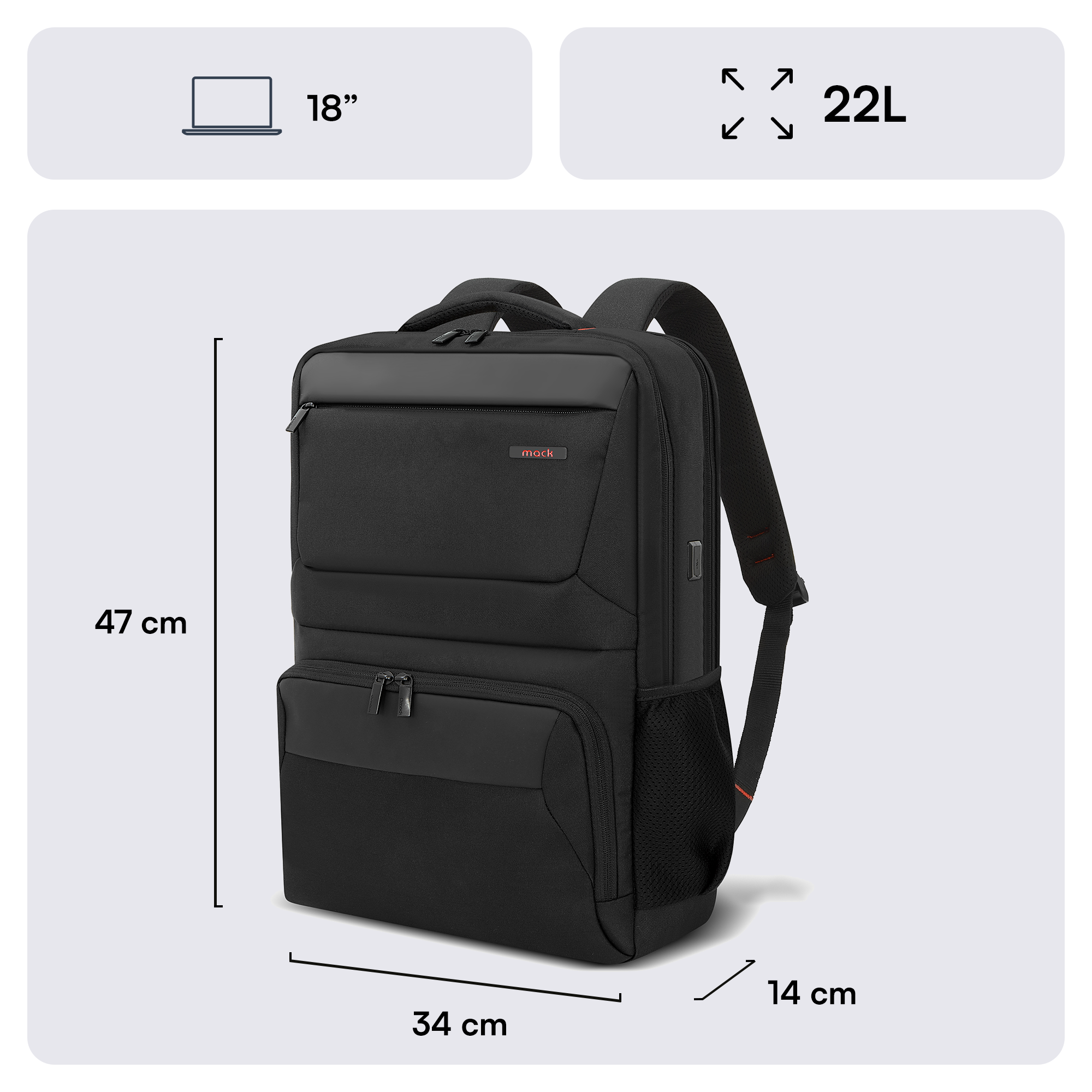 Boyutları belirtilen siyah sırt çantası: 47 cm yüksekliğinde, 34 cm genişliğinde ve 14 cm derinliğinde. 18" dizüstü bilgisayar ve 22L kapasite göstergeleri içerir.