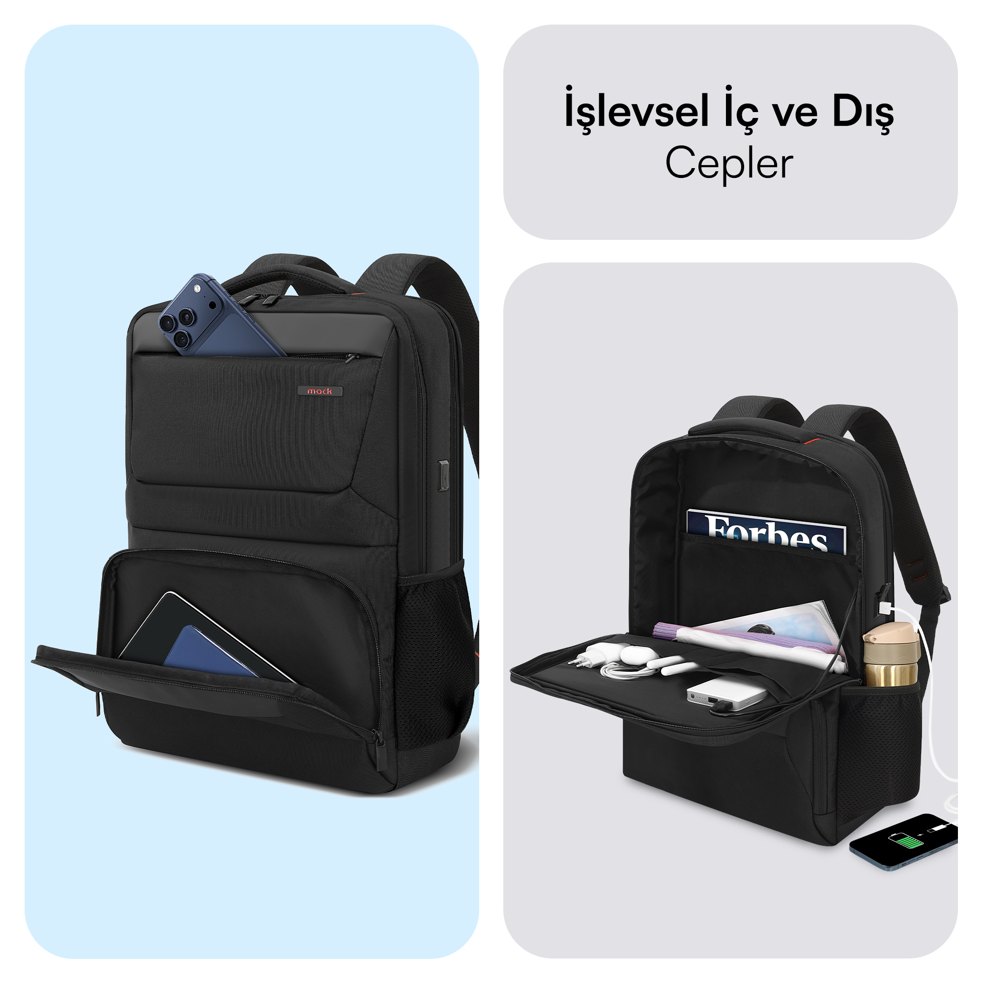 Siyah sırt çantası, ceplerinde telefon ve tablet var. İçindeki eşyalarla açık görünüm. Metin: İşlevsel İç ve Dış Cepler.