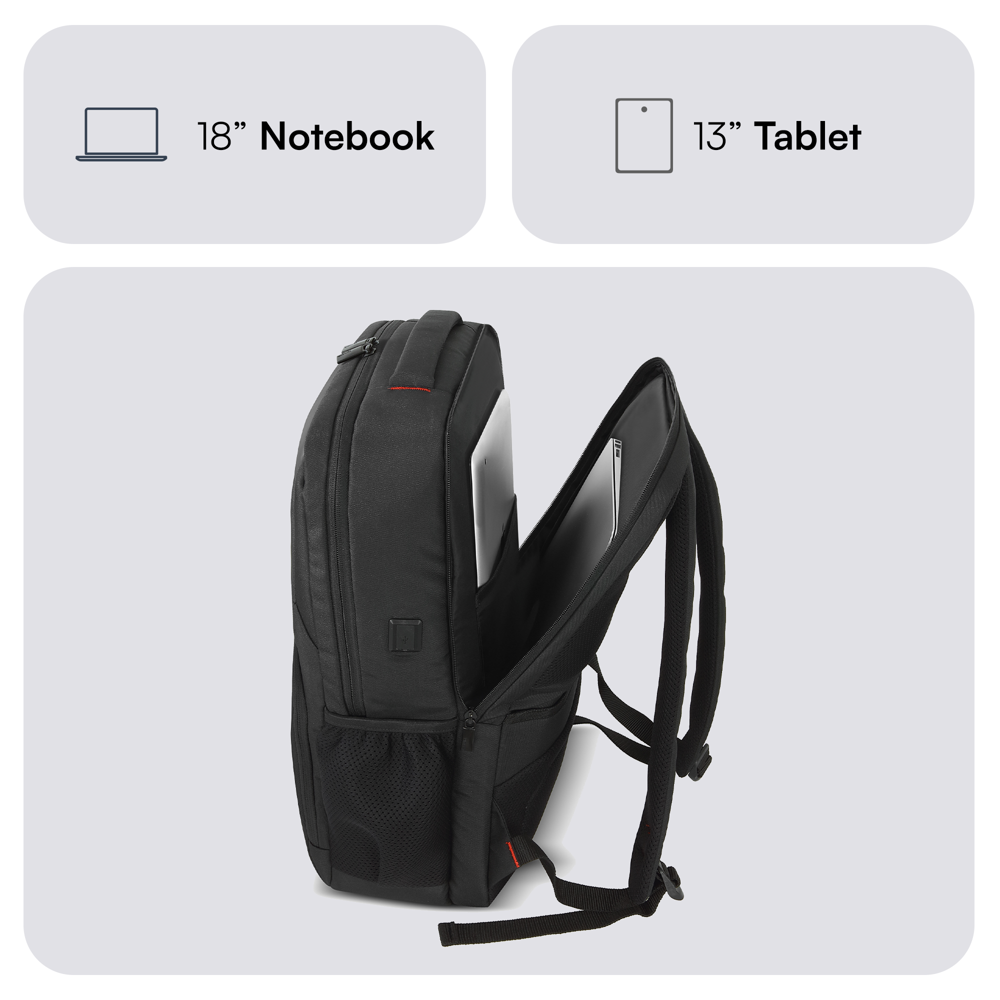İçinde dizüstü bilgisayarlar olan siyah sırt çantası. 18" dizüstü ve 13" tablet simgeleri üstte.