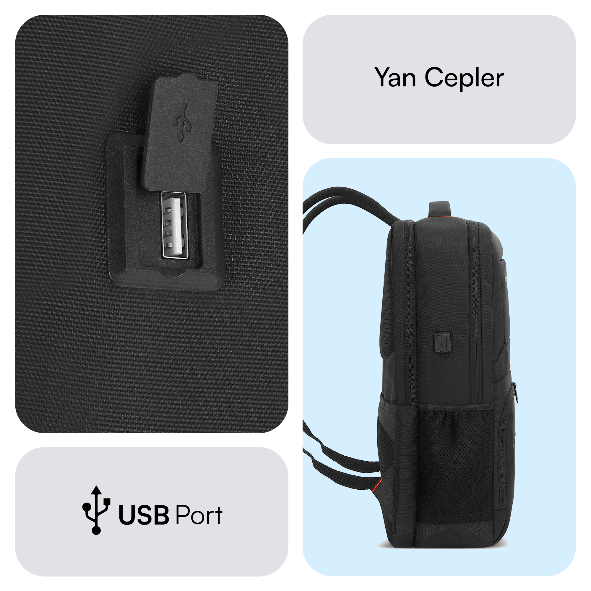 USB portlu, yan cepli ve askılı siyah sırt çantası. Arka plan açık mavi.