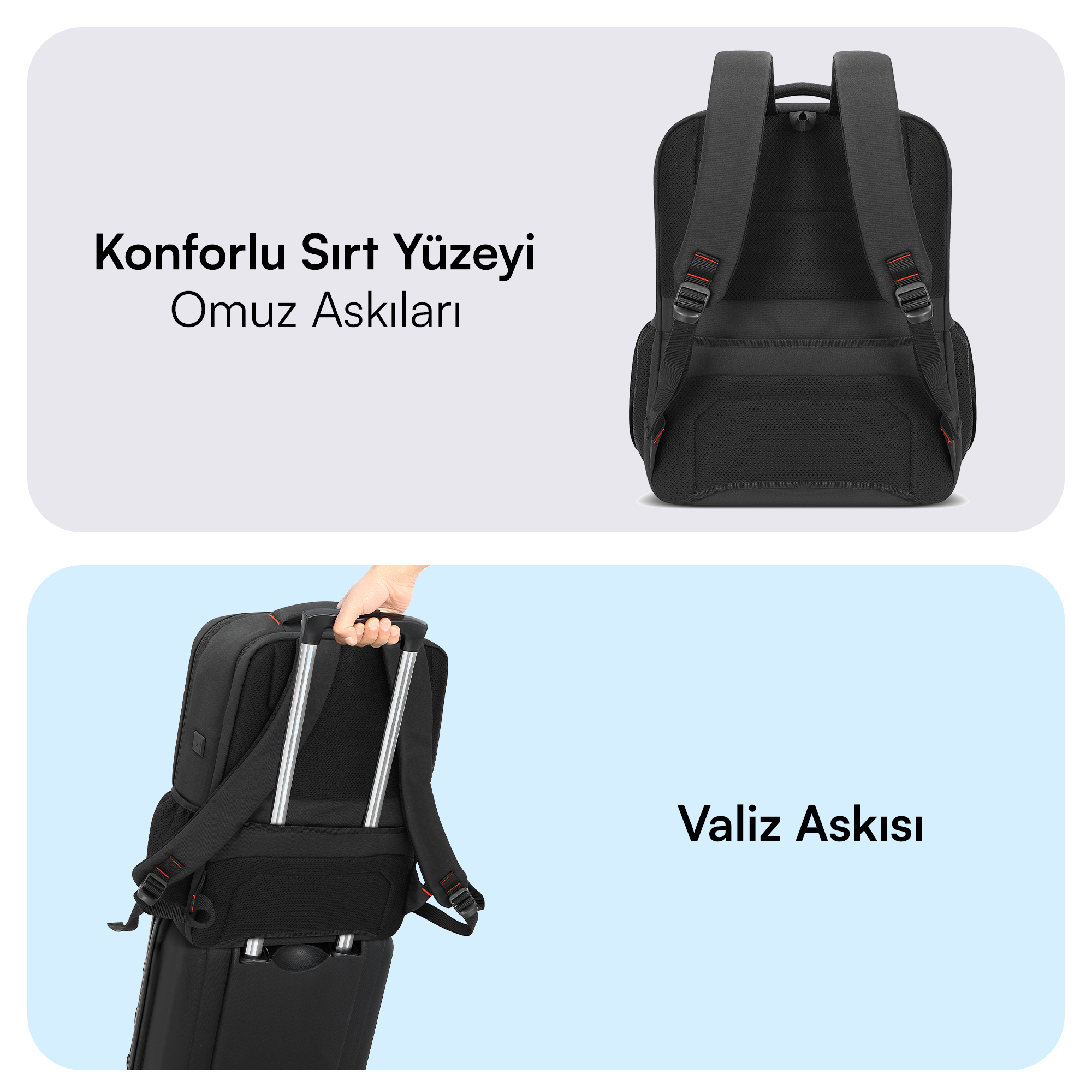 Omuz askıları olan siyah sırt çantası, siyah bir bavulun sapını tutan bir el. Türkçe metin.