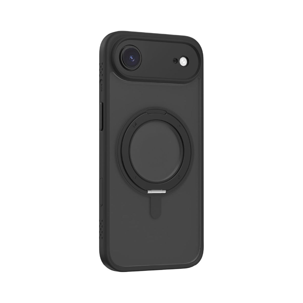 Kamera, halka ve manyetik bağlantıya sahip siyah bir telefon kılıfı. Pürüzsüz bir yüzeye ve yuvarlak kenarlara sahiptir.