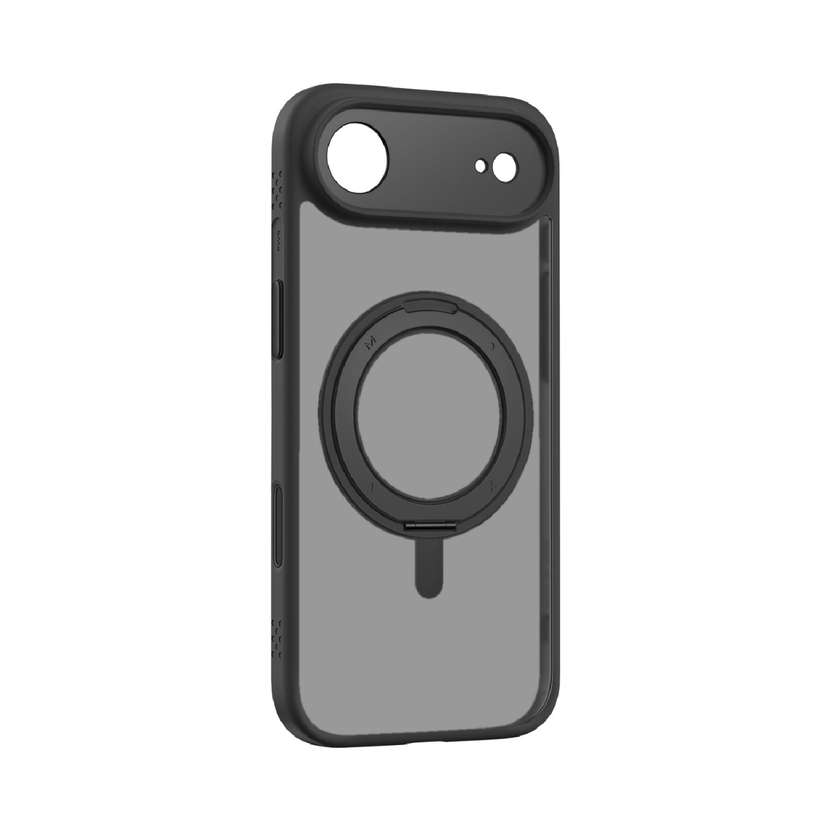 Siyah bir telefon kılıfı, gri şeffaf arka kısma sahip. Kılıfın üzerinde dairesel bir manyetik halka ve üstte kamera kesikleri bulunuyor.
