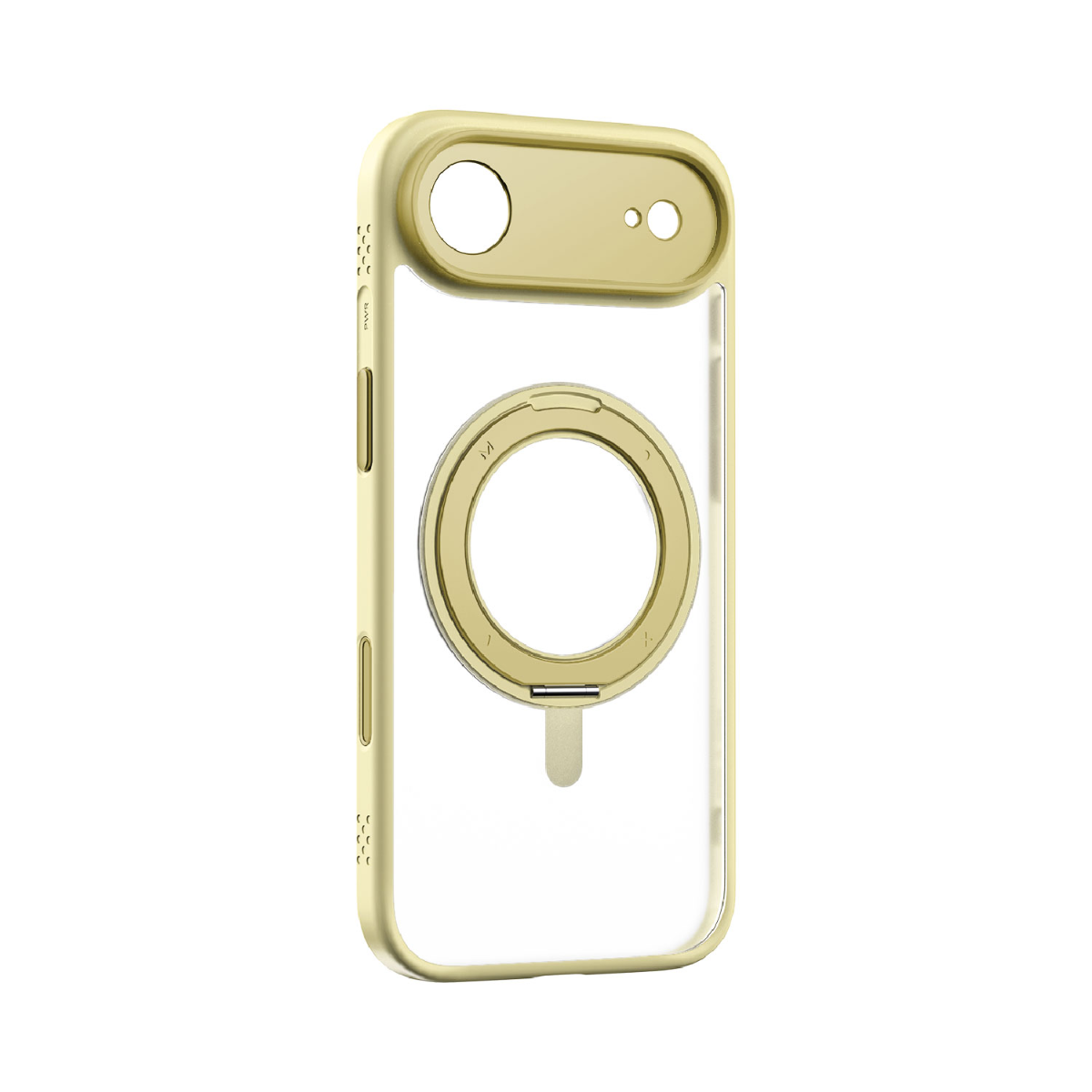 Arkası manyetik halkalı, altın renkli çerçeveli şeffaf bir iPhone kılıfı. Çerçevede kamera ve düğmeler için kesikler var.