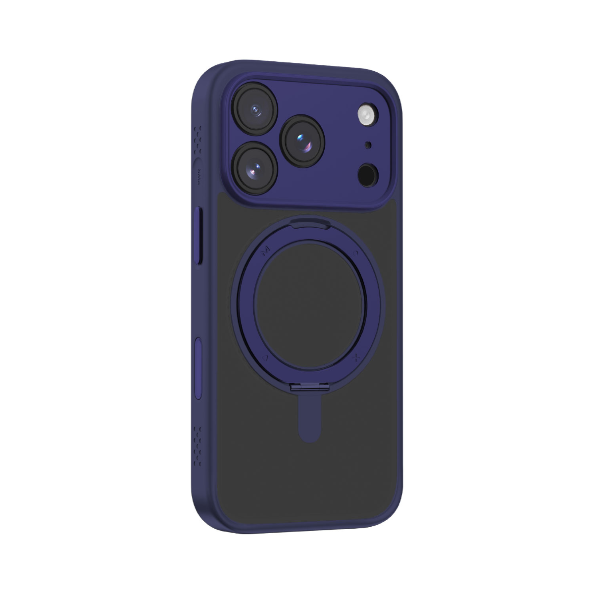 Mavi çerçeveli, koyu gri bir telefon kılıfı. Üç lensli bir kamera modülü ve arkada manyetik bir halka bulunuyor.
