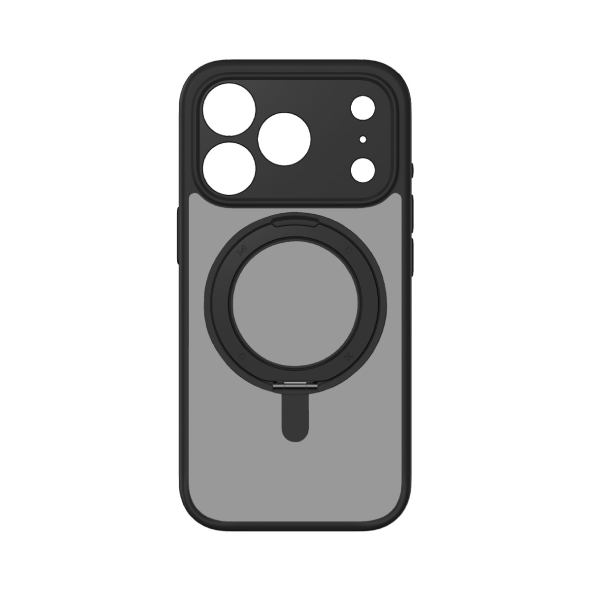 Siyah ve gri bir telefon kılıfı, kamera kesikleri ve dairesel manyetik bağlantı alanıyla.
