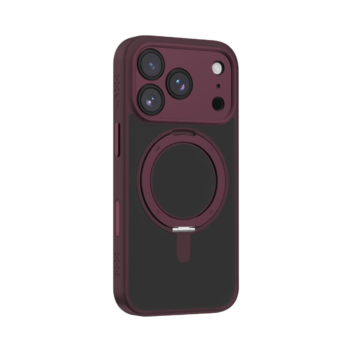 Bordo ve siyah bir akıllı telefon kılıfı. Üç kamera lensi, bir flaş ve bir MagSafe halkası vardır. Kılıf beyaz bir arka plan üzerinde.