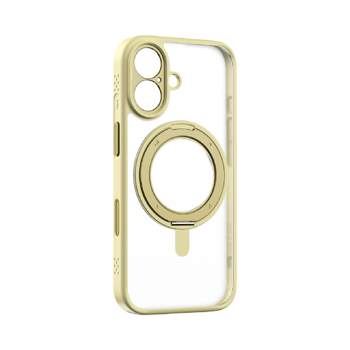 Sarı çerçeveli şeffaf bir iPhone kılıfı. Arkasında manyetik bir halka ve kamera oyuğu var. Arka plan beyaz.
