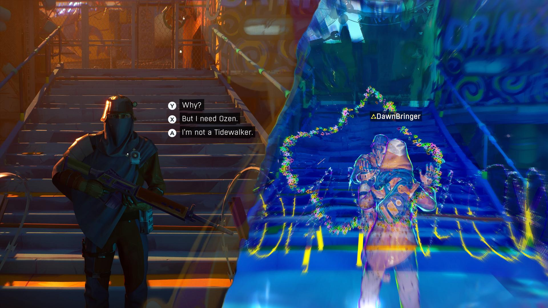 Żołnierz z bronią stoi na schodach, po prawej stronie świeci holograficzna postać. Widoczne opcje dialogowe.