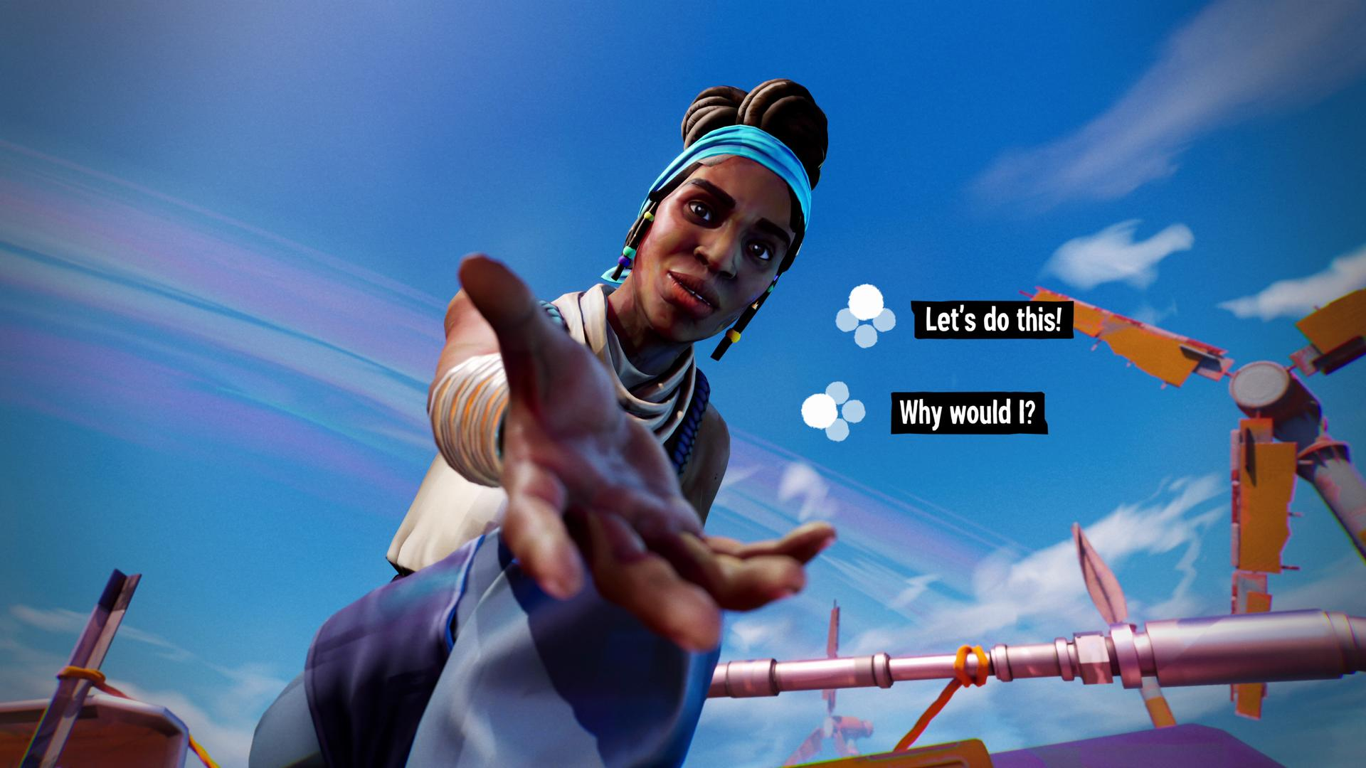 Osoba z niebieską opaską wyciąga rękę w stronę widza. Tło błękitnego nieba. Dymki z tekstem mówią: 'Zróbmy to!' i 'Dlaczego miałbym?'