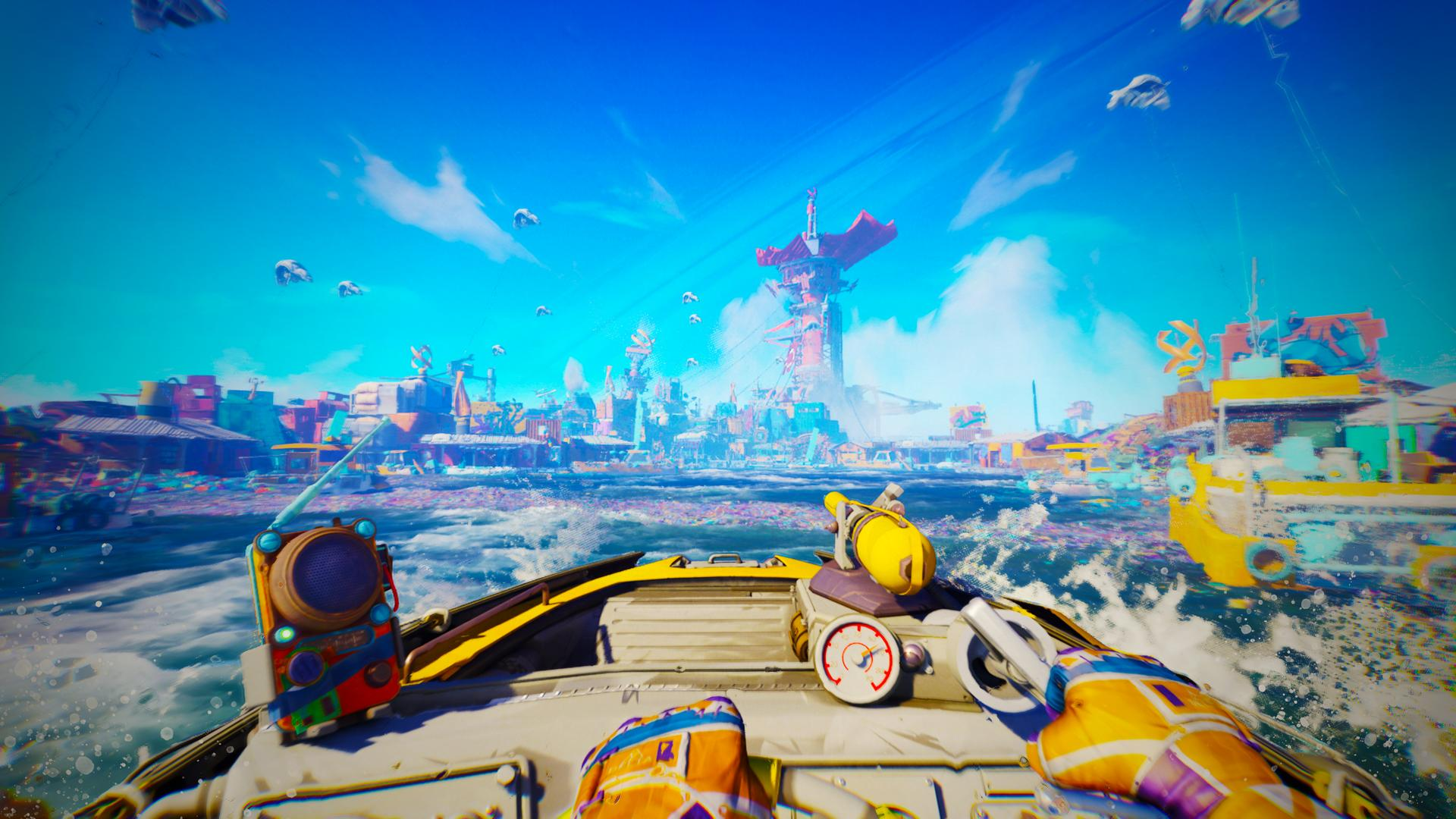 Łódź nawiguje po mieście na wodzie. Widoczne jest kolorowe radio i broń. Budynki i chmury w tle.