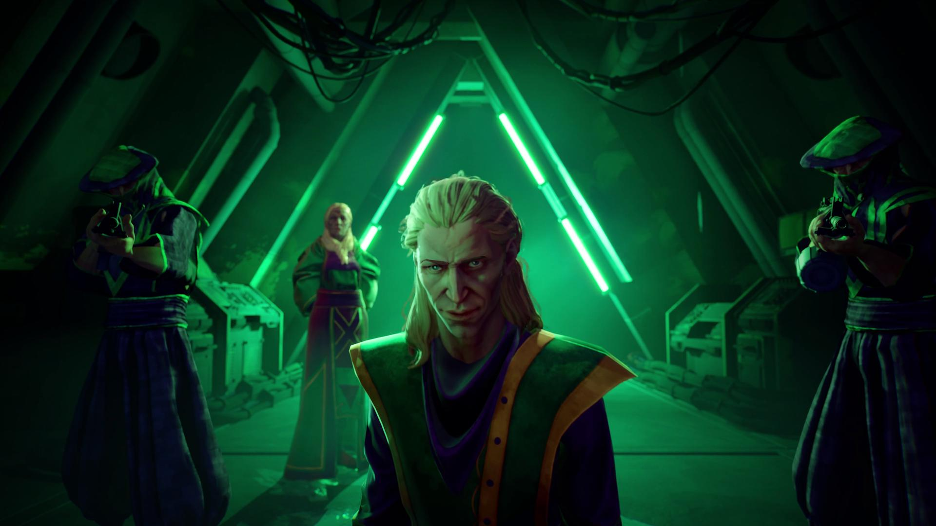 Mężczyzna z blond włosami i trzy postacie w kapturach w zielono oświetlonym pomieszczeniu. Mężczyzna patrzy w przód. Jedna postać trzyma broń.