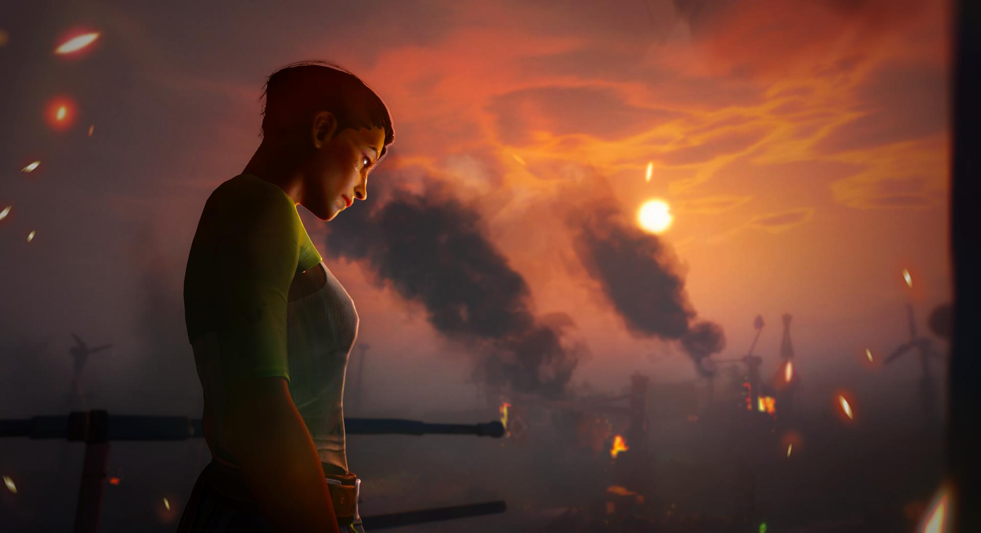 Kobieta patrzy w dół na tle ognistego zachodu słońca. Dym unosi się z odległego miasta. Iskry i jasne słońce na niebie.