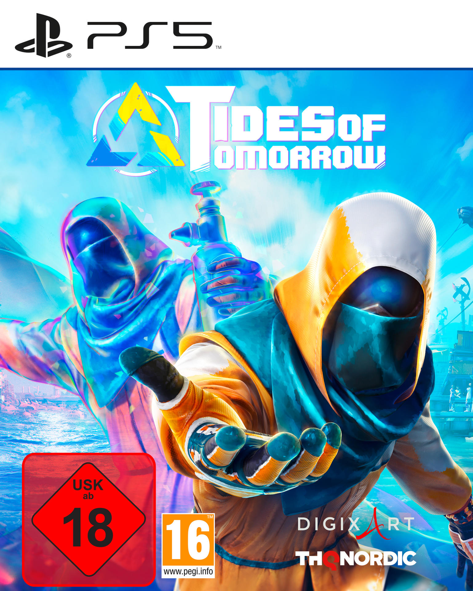 Cover-Art für das PS5-Spiel 'Tides of Tomorrow'. Zwei Figuren mit Kapuzen sind zu sehen. Der Hintergrund zeigt eine Stadt.
