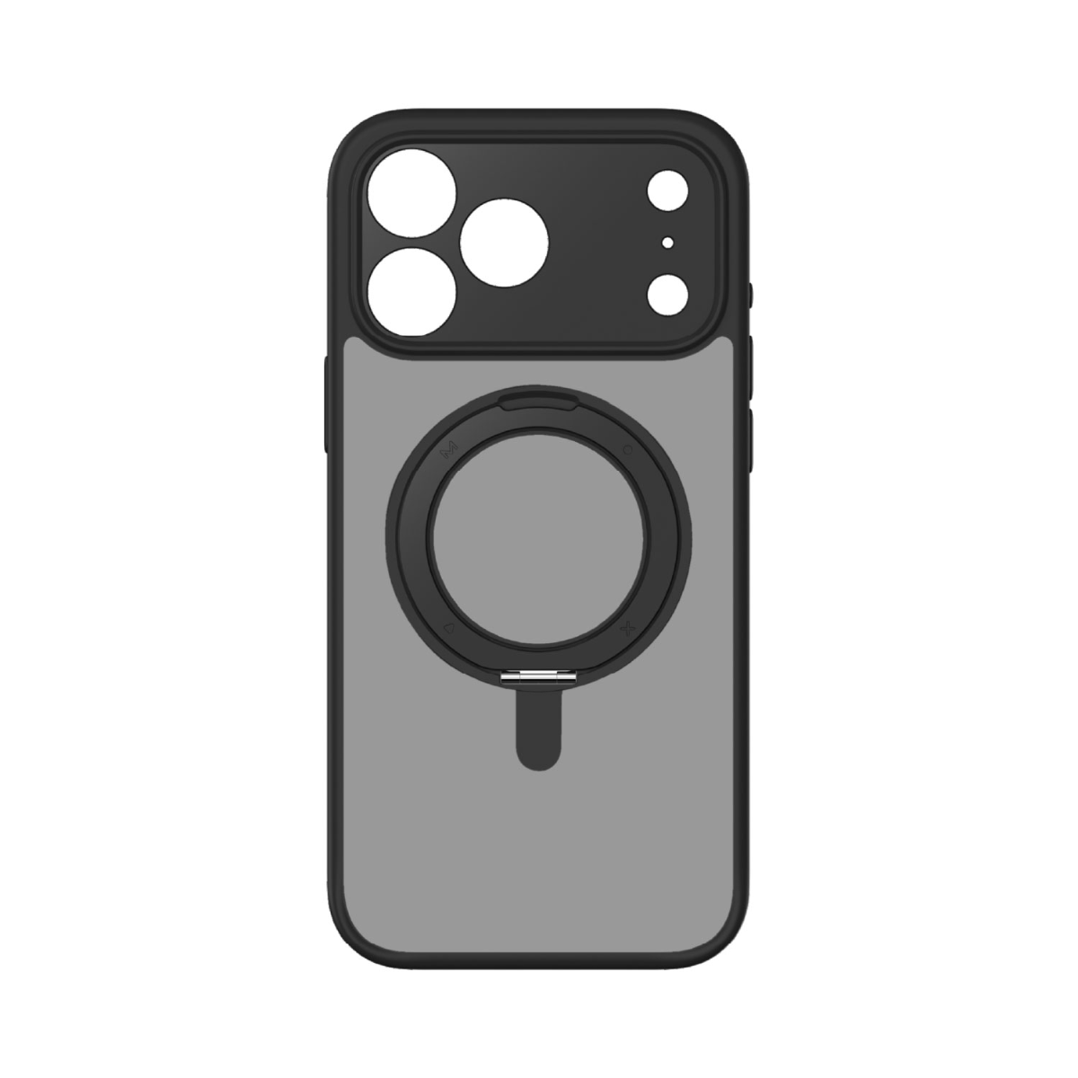 Siyah çerçeveli ve gri arka yüzeyli bir telefon kılıfı. Dairesel bir manyetik ataşmana ve kamera için kesiklere sahiptir.