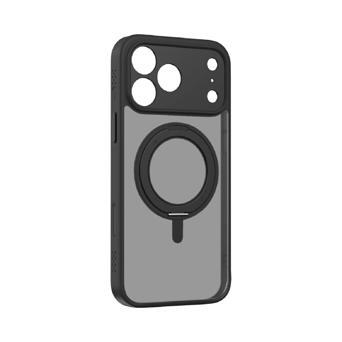 Siyah telefon kılıfı, kamera kesikleri ve dairesel manyetik ataşmanlı. Kılıf yarı saydam gridir.