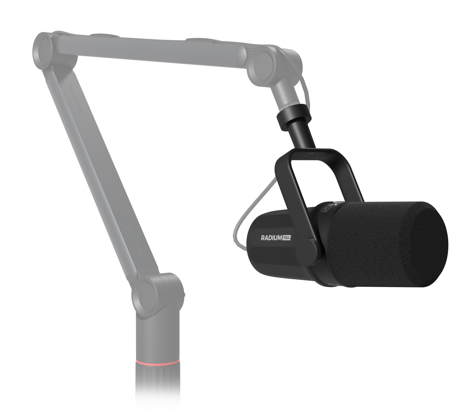 Czarny mikrofon z piankową osłoną zamontowany na czarnym, regulowanym ramieniu na czarnym tle.