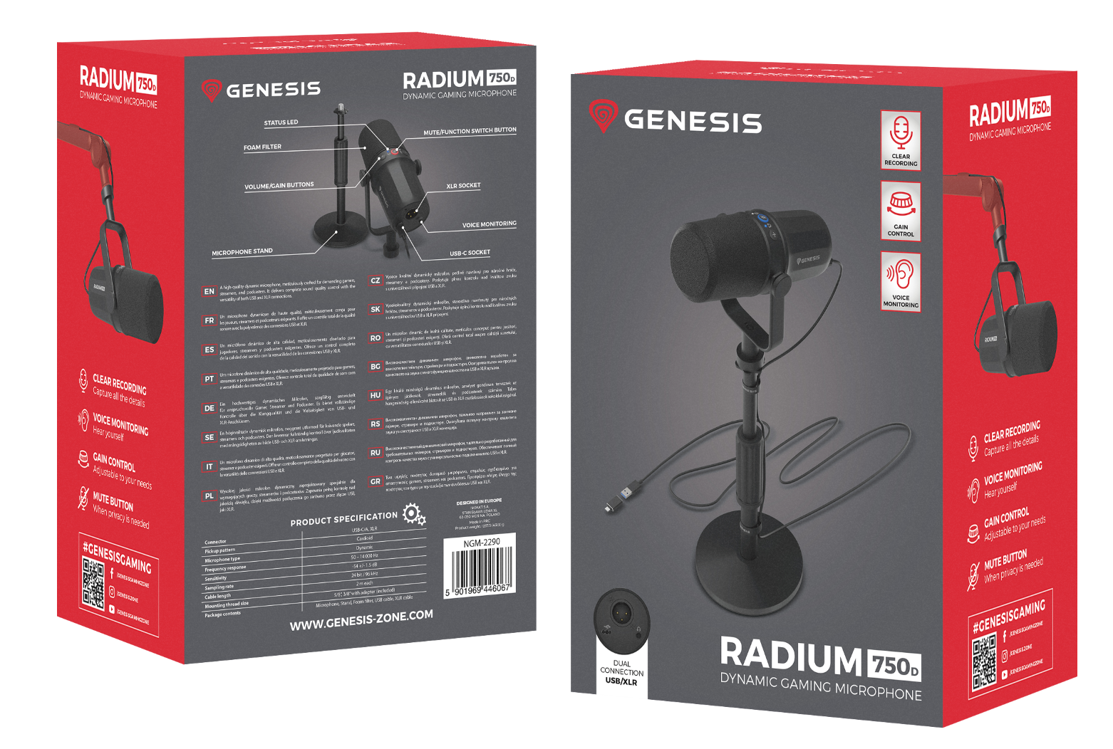 Czarny mikrofon Genesis Radium 750D na statywie, z pudełkiem prezentującym funkcje i specyfikacje.