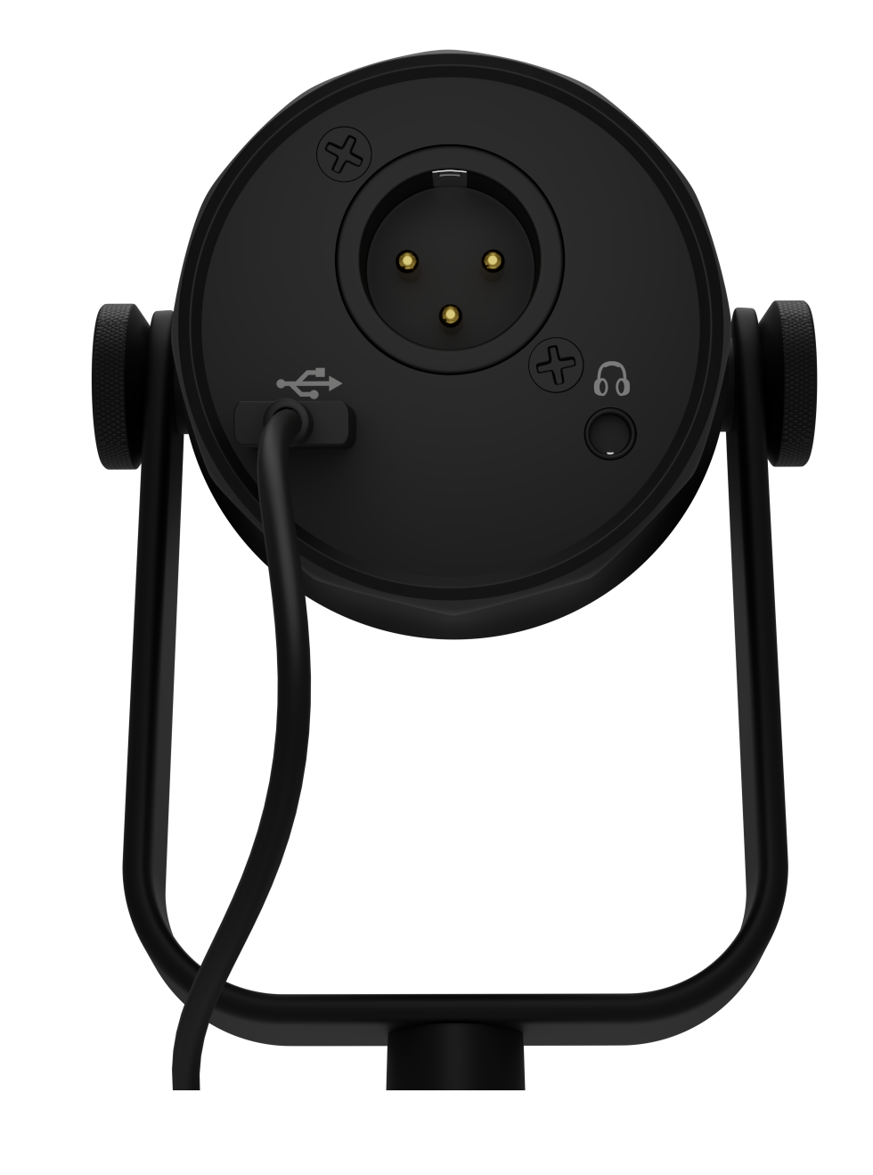 Tył czarnego mikrofonu. Zawiera port XLR, port USB, gniazdo słuchawkowe i wspornik montażowy. Wyizolowane na czarnym tle.