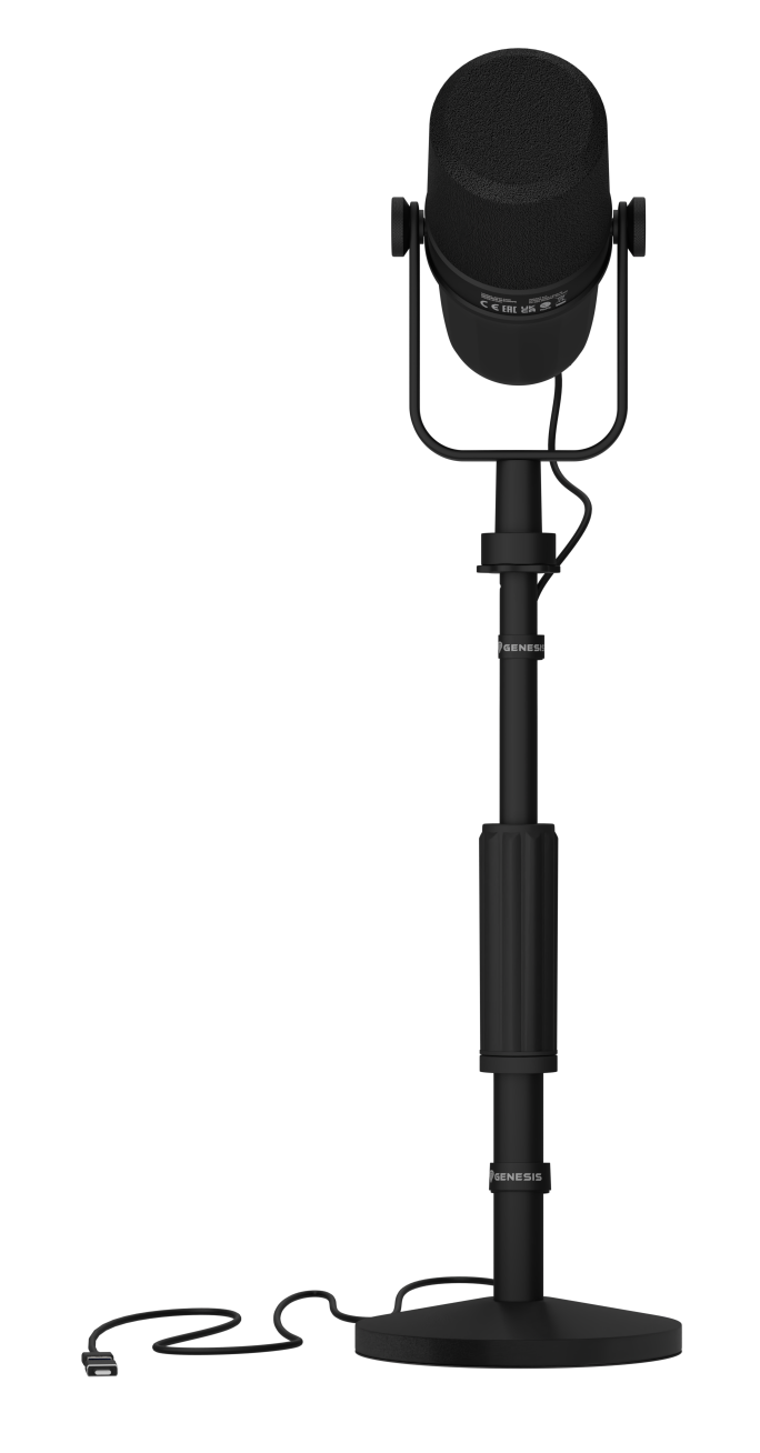 Czarny mikrofon na czarnym statywie. Mikrofon jest owalny i ma siatkową osłonę. Statyw ma markę Genesis.