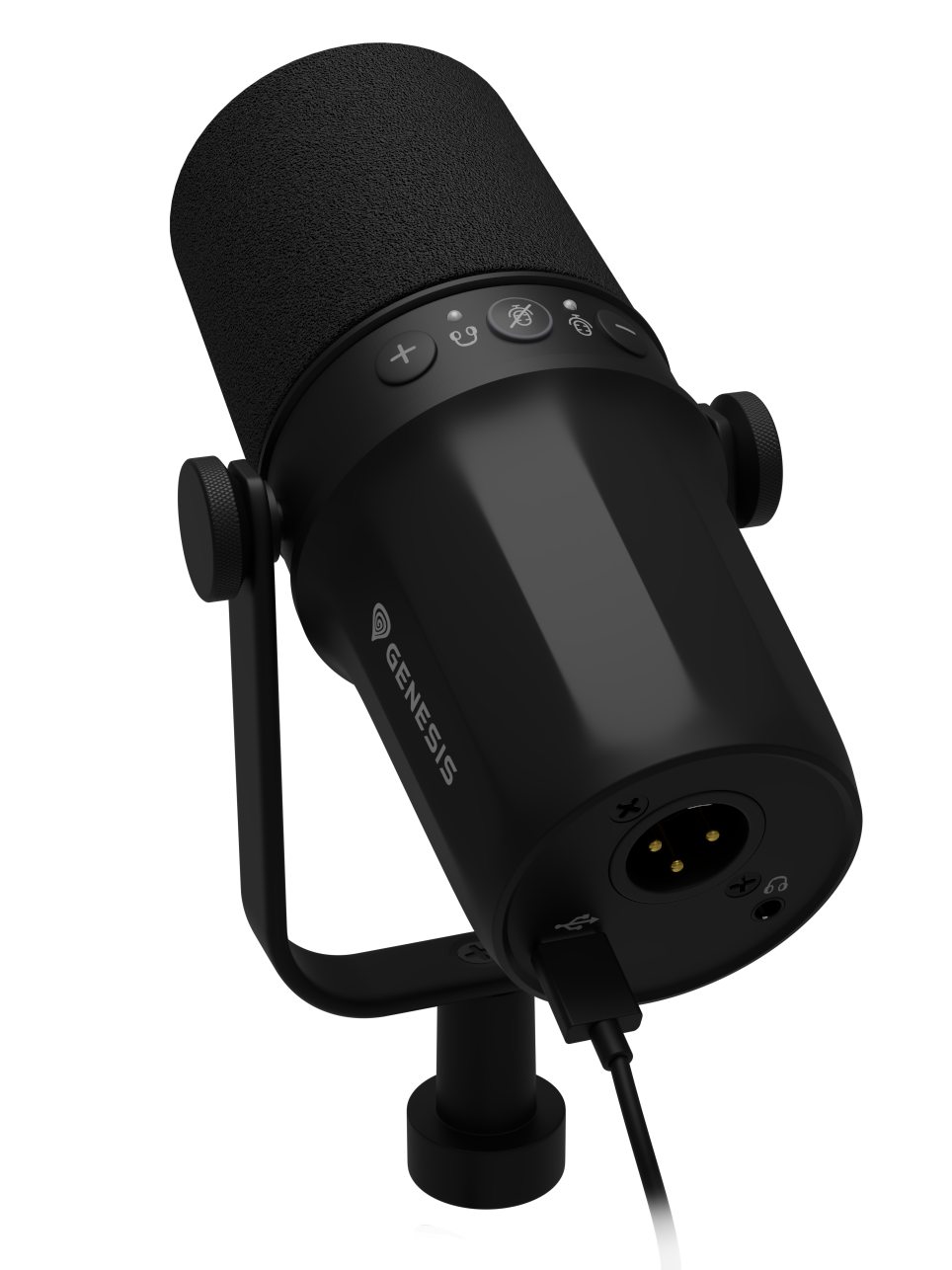 Czarny mikrofon Genesis z piankową górą. Ma regulację głośności i jest podłączony do kabla USB. Stoi na statywie.