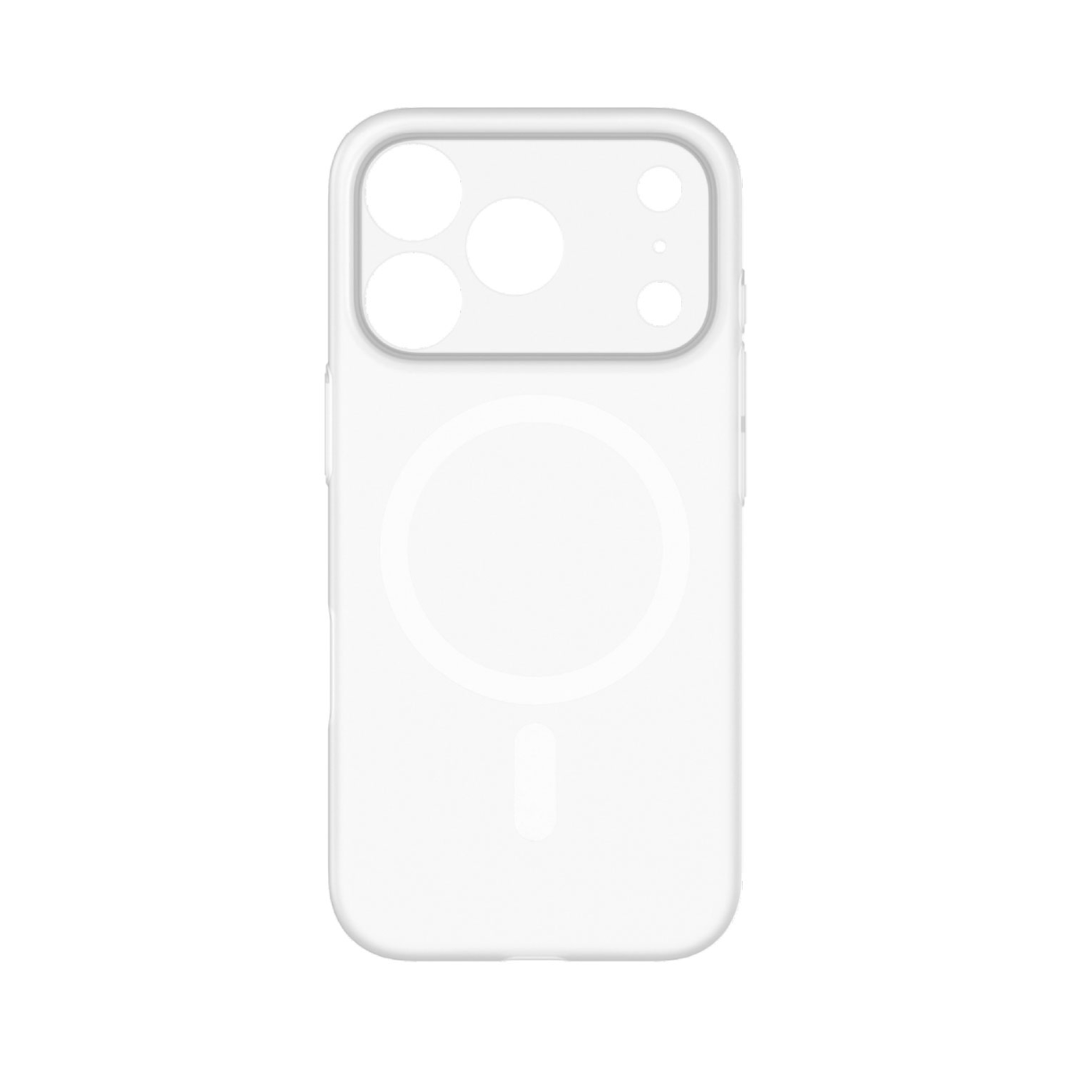 Beyaz bir telefon kılıfı beyaz bir arka plan üzerinde gösteriliyor. Kamera için kesikleri ve dairesel bir MagSafe tasarımına sahip.