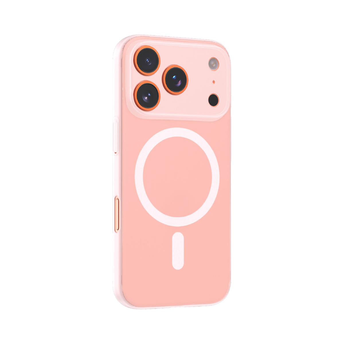 Beyaz bir daire ve eksi işareti olan pembe bir telefon kılıfı. Çoklu kamera lenslerine ve şeffaf bir çerçeveye sahip.