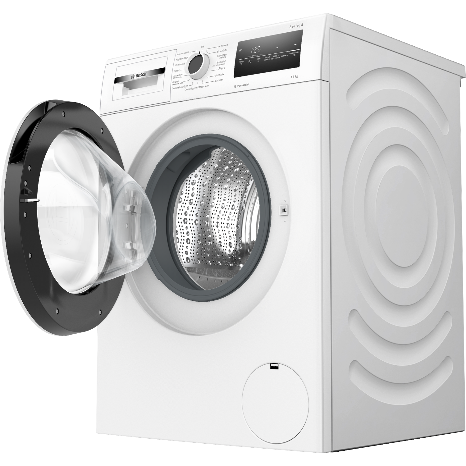 A white Bosch washing machine with the door open. The control panel is visible. The drum is metallic.
