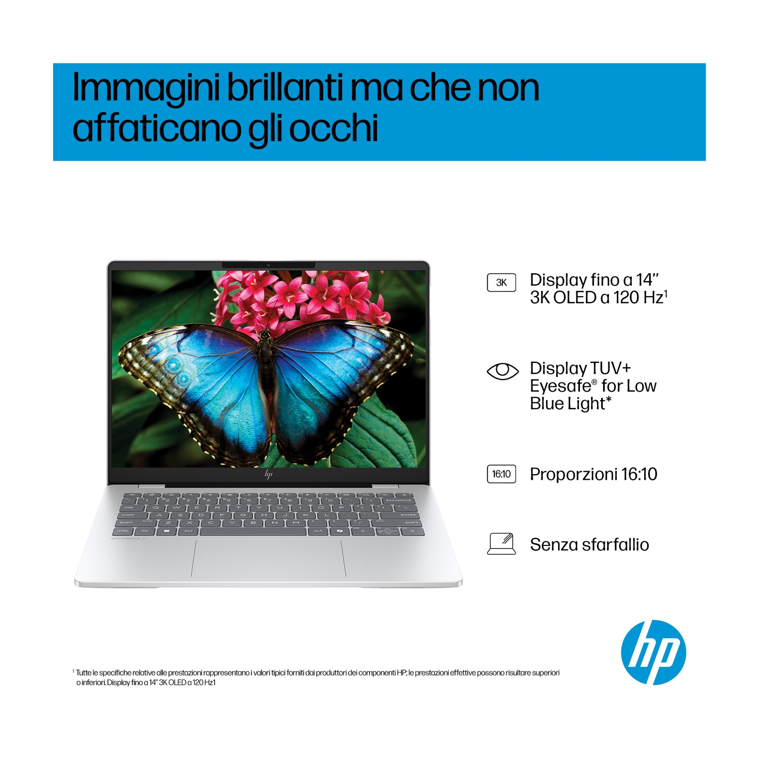 Un laptop mostra una farfalla con ali blu e fiori rosa. Ha un corpo argentato e una tastiera. Il logo HP si trova in basso a destra.