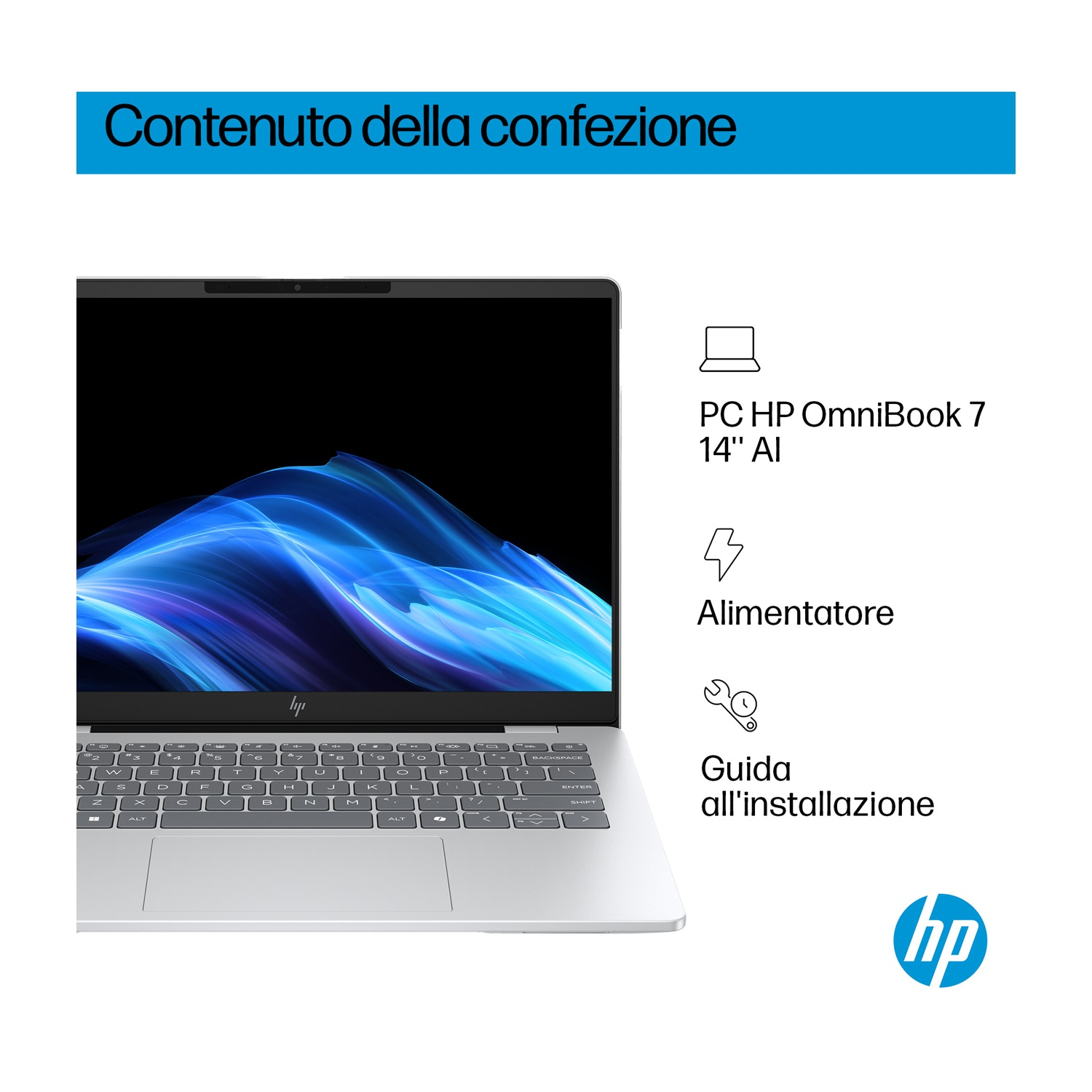 Un laptop con schermo nero che mostra un design astratto blu, con tastiera e logo HP.