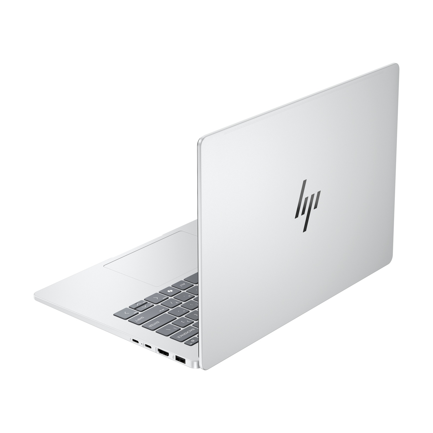 Un laptop HP argentato è aperto, mostrando la tastiera e lo schermo. Il logo HP è visibile sul retro. Lo sfondo è bianco.