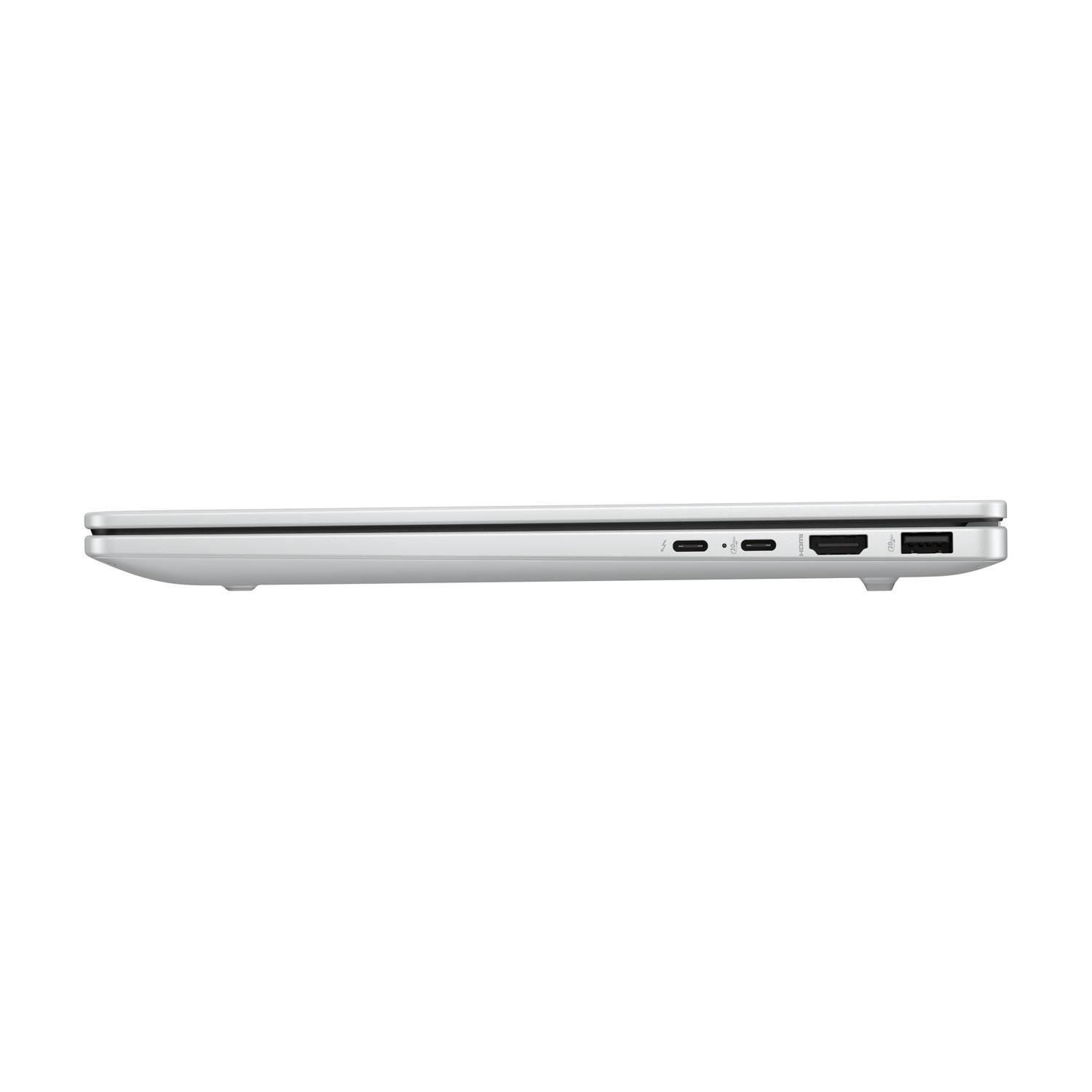 Vista laterale di un laptop argentato. Le porte includono USB-C, USB, HDMI e alimentazione. Il laptop è su sfondo bianco.