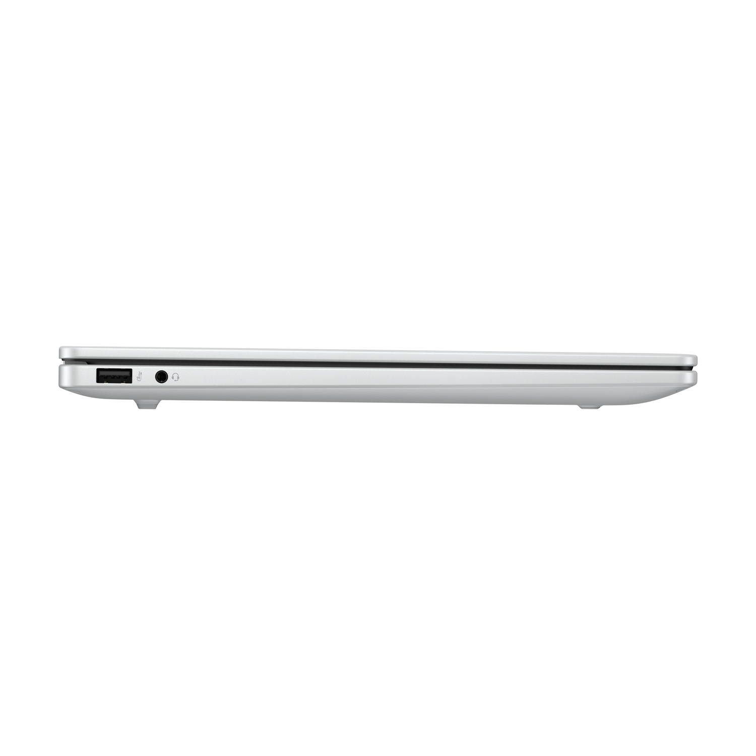 Vista laterale di un laptop argentato. Le porte visibili includono USB, jack per cuffie e porta di ricarica. Il laptop è chiuso.