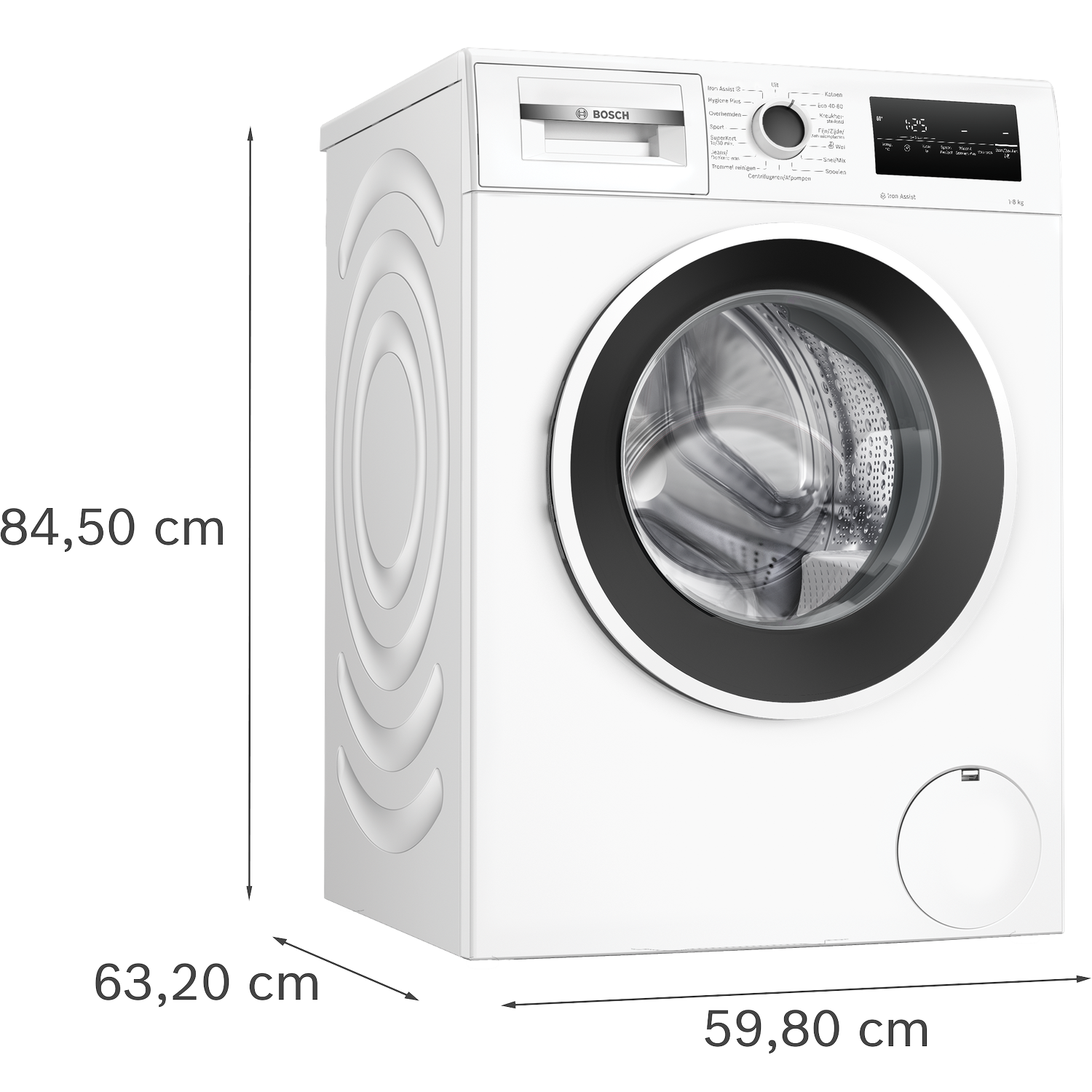 A white Bosch washing machine, with a black door and control panel, dimensions are shown.