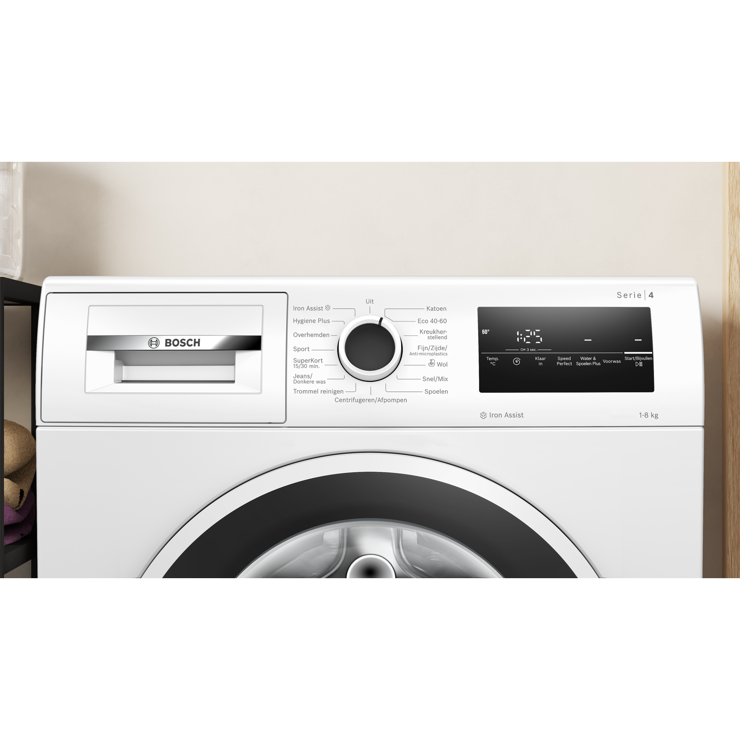 A white Bosch washing machine, Serie 4, with a black door. It has a control panel with buttons and a dial for selecting wash programs.