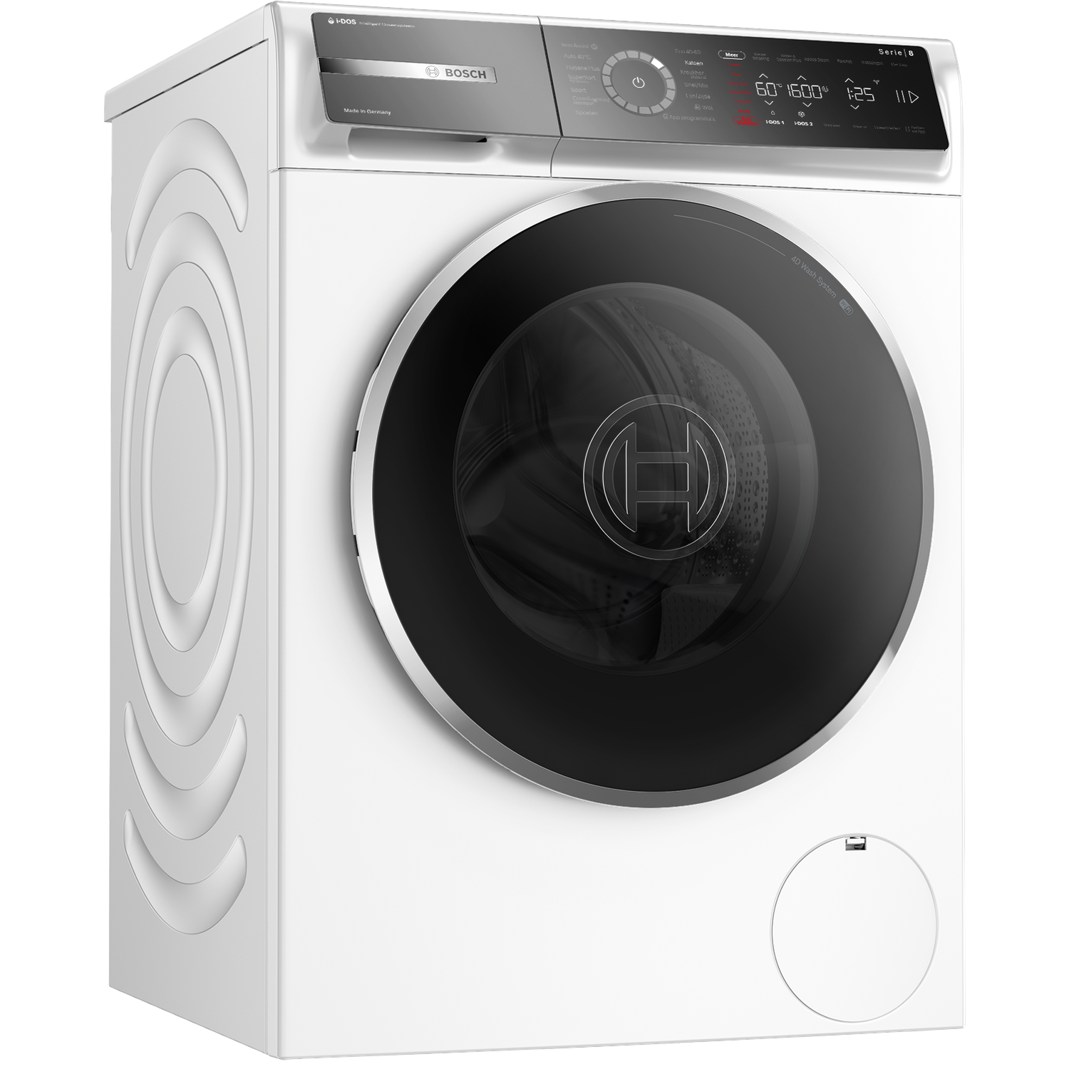 A white Bosch washing machine. It has a black door, a control panel with buttons and a round dial. The brand logo is visible.