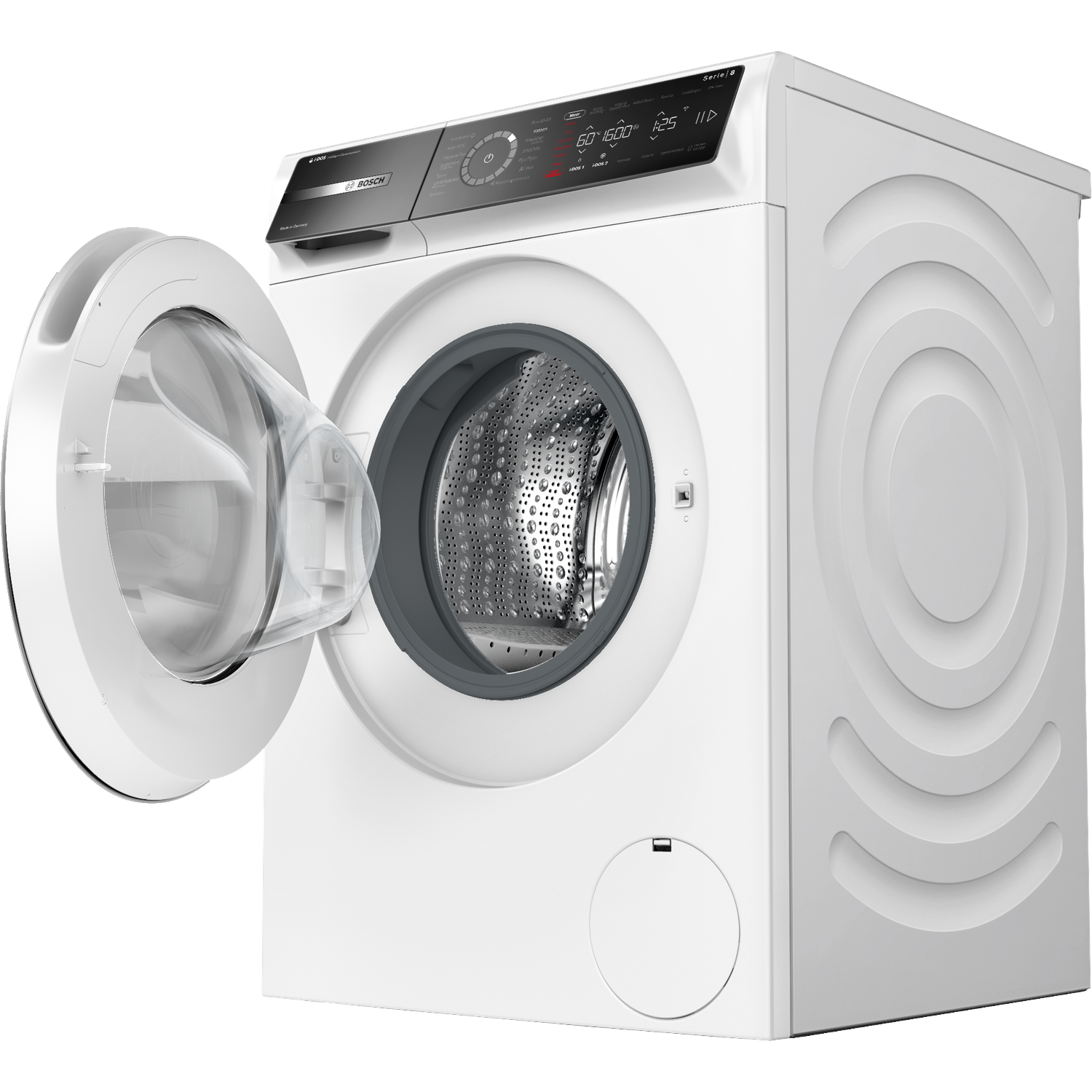 A white washing machine is open. The door is transparent. The machine has a control panel on top.