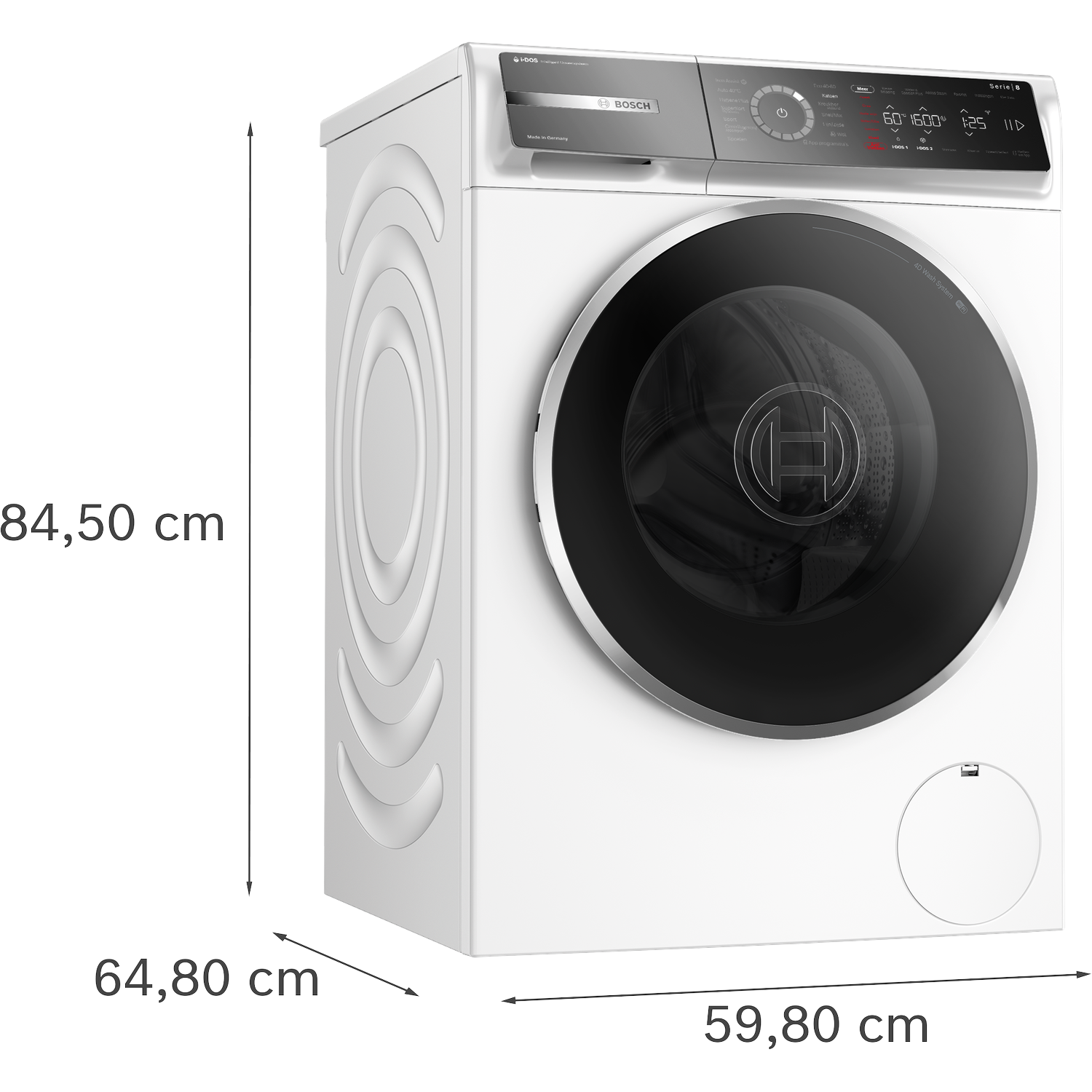 A white Bosch washing machine, with a black door. Dimensions are shown: 84.50cm high, 64.80cm wide, and 59.80cm deep.