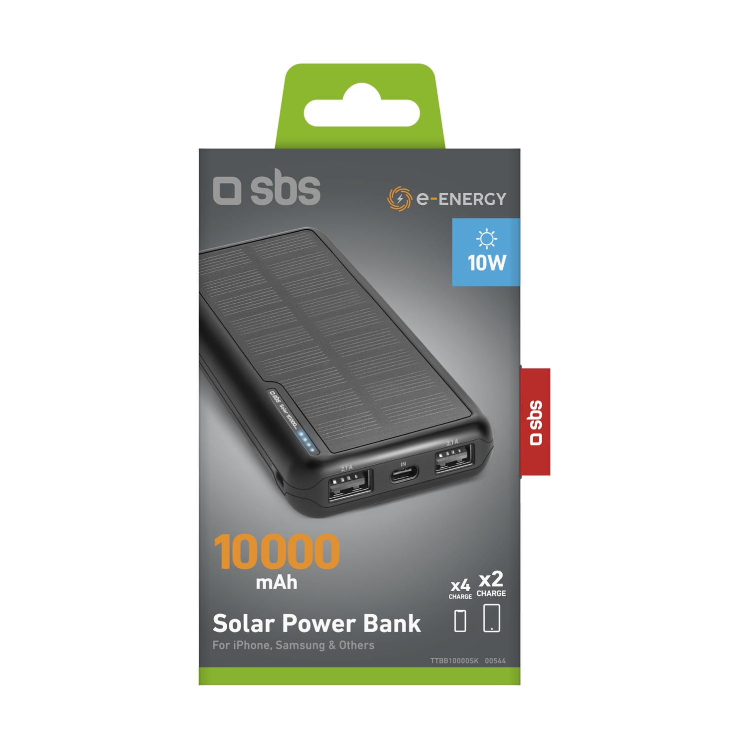 Una confezione di power bank solare nera. Presenta il marchio 'sbs', un design a pannello solare e dettagli come la capacità di 10000 mAh e 10W.