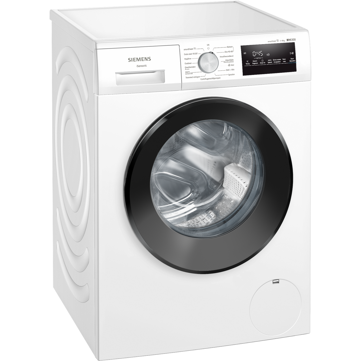 A white Siemens washing machine with a black door. It has a control panel and a digital display.
