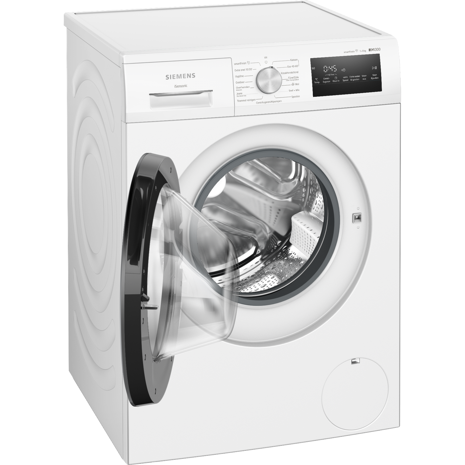 A white Siemens washing machine with an open black door. Digital display shows '0:45'. Control panel with various wash settings.