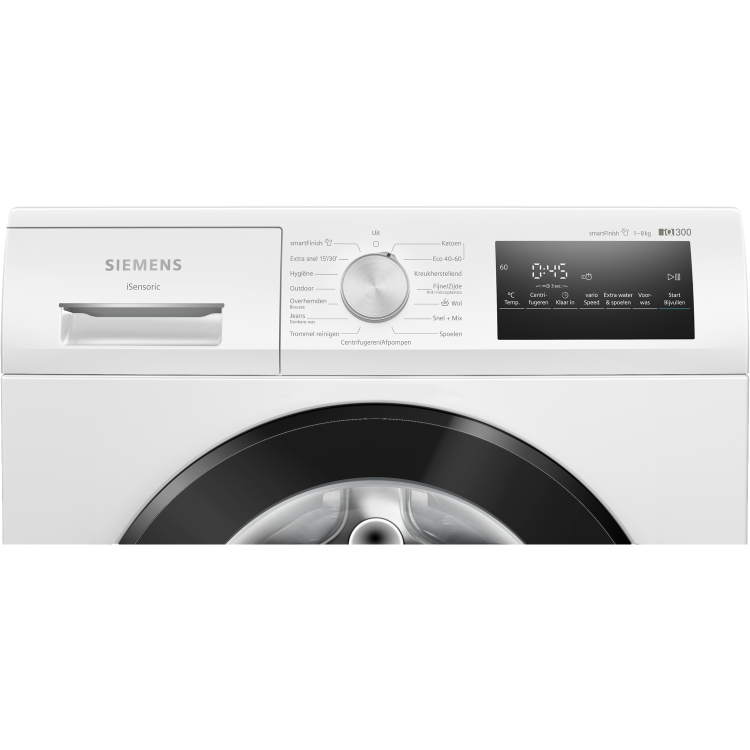 A white Siemens washing machine. It has a black door and control panel with buttons and a digital display showing 0:45.