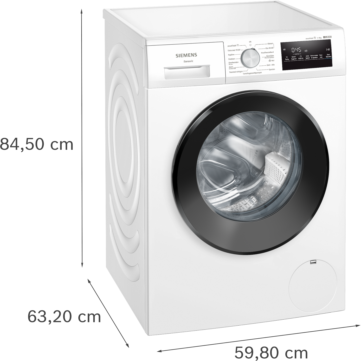 A white Siemens washing machine with a black door. Dimensions are shown. Control panel on top, with a digital display showing 0:45.