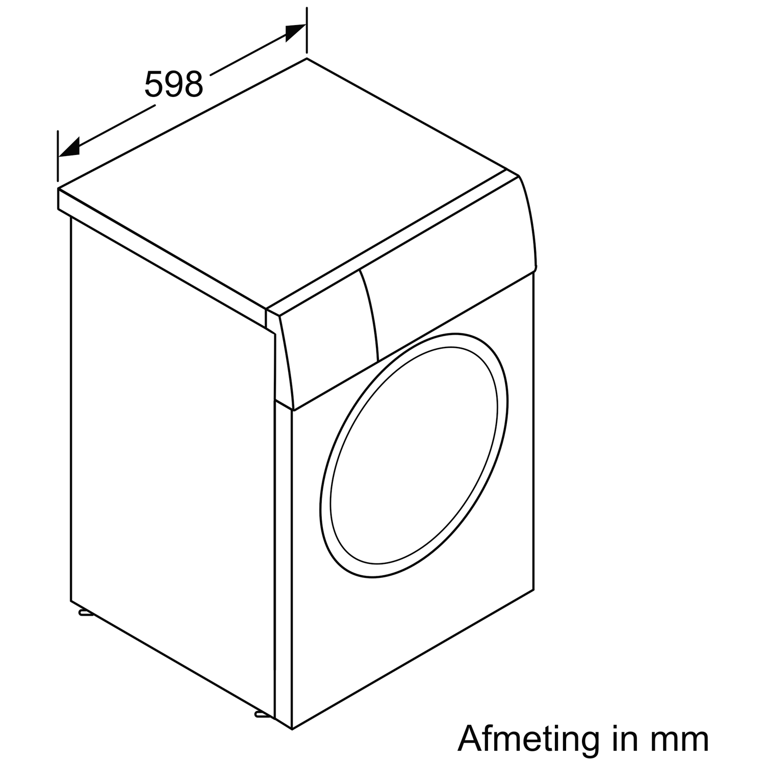 Line drawing of a washing machine. Dimension of 598mm is marked on top. Text 'Afmeting in mm' is at the bottom.