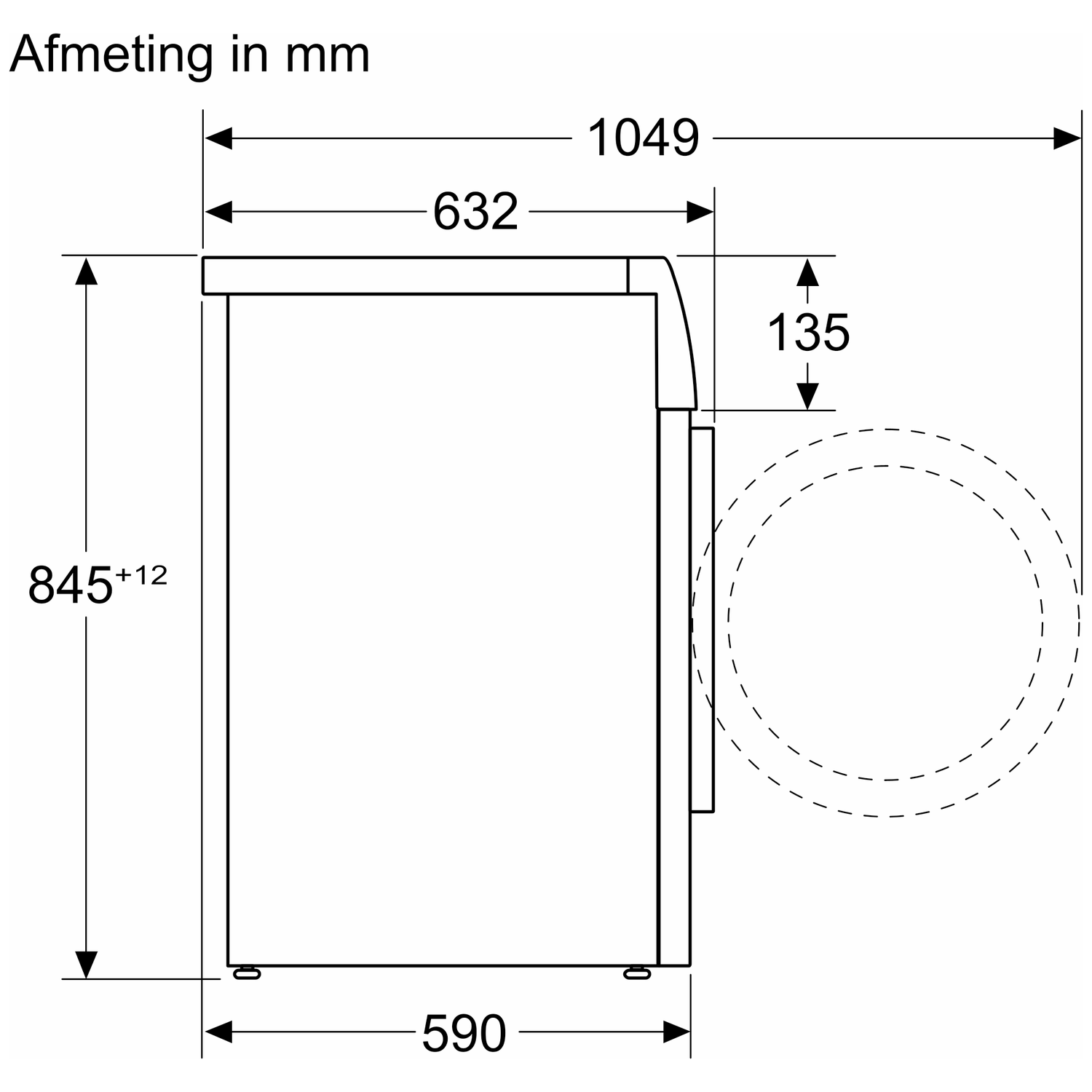 Diagram showing dimensions in mm of a machine. Measurements: 1049, 632, 135, 845+12, and 590. Dashed circle on the right.