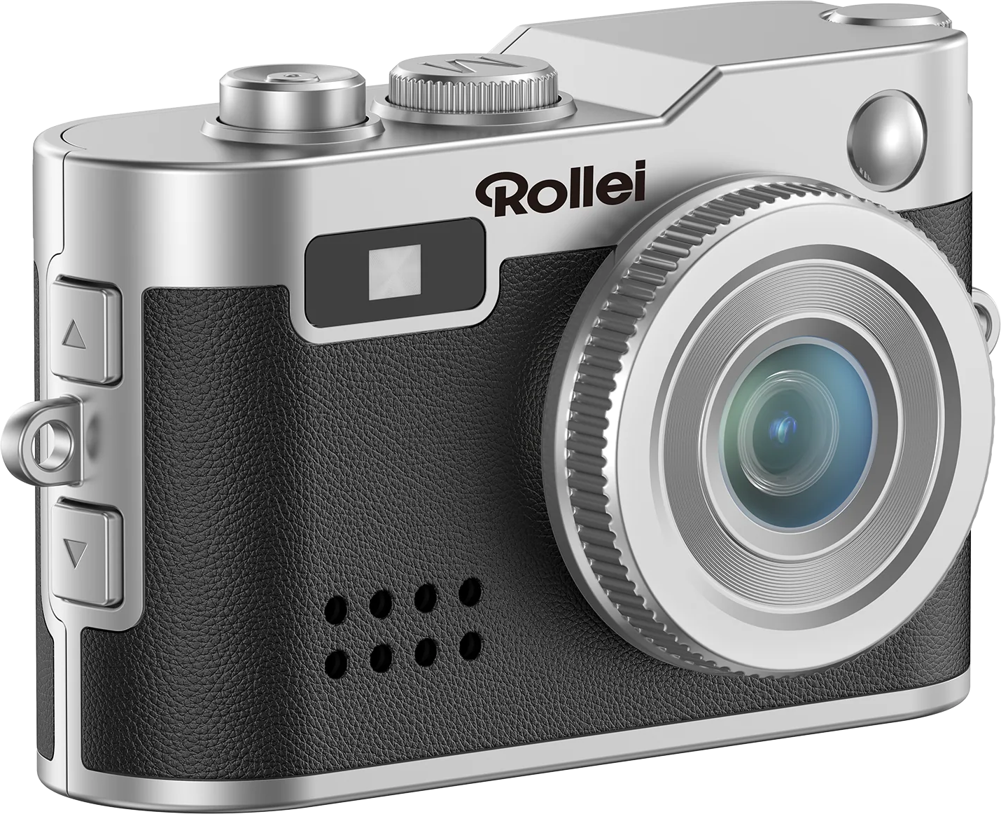 Una fotocamera Rollei argento e nera. Ha un obiettivo, pulsanti e un'impugnatura nera strutturata. L'obiettivo ha un riflesso blu.