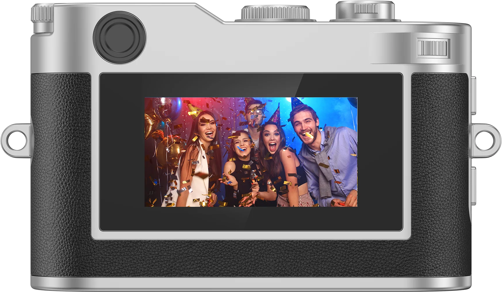 Fotocamera che mostra una scena di festa con cinque persone sorridenti, coriandoli e palloncini. La fotocamera è argento e nera.
