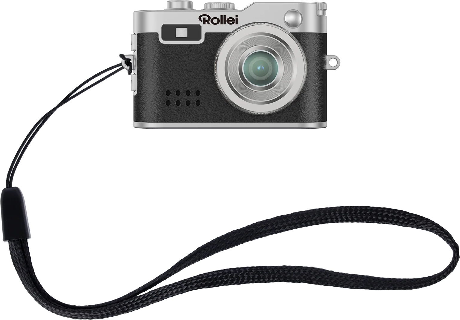 Una fotocamera Rollei con corpo nero e argento, un obiettivo e un cinturino nero. Lo sfondo è nero pieno.