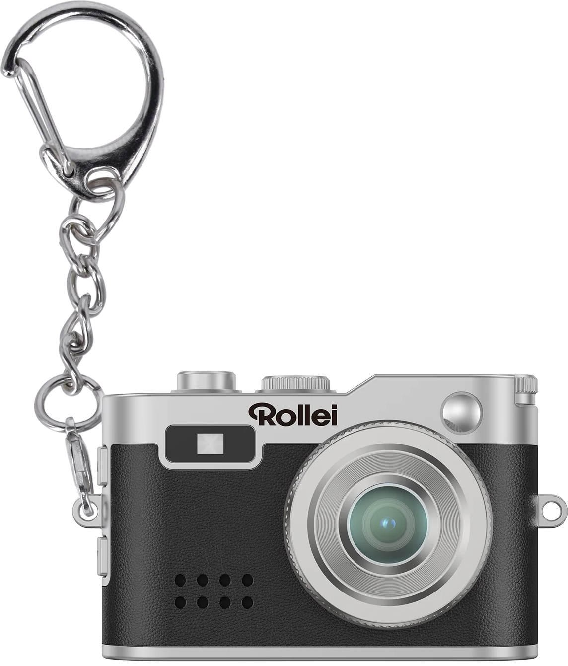 Un portachiavi a forma di fotocamera in miniatura. La fotocamera è nera e argento, con 'Rollei' stampato sopra. Sono attaccati una catena e un moschettone argentati.